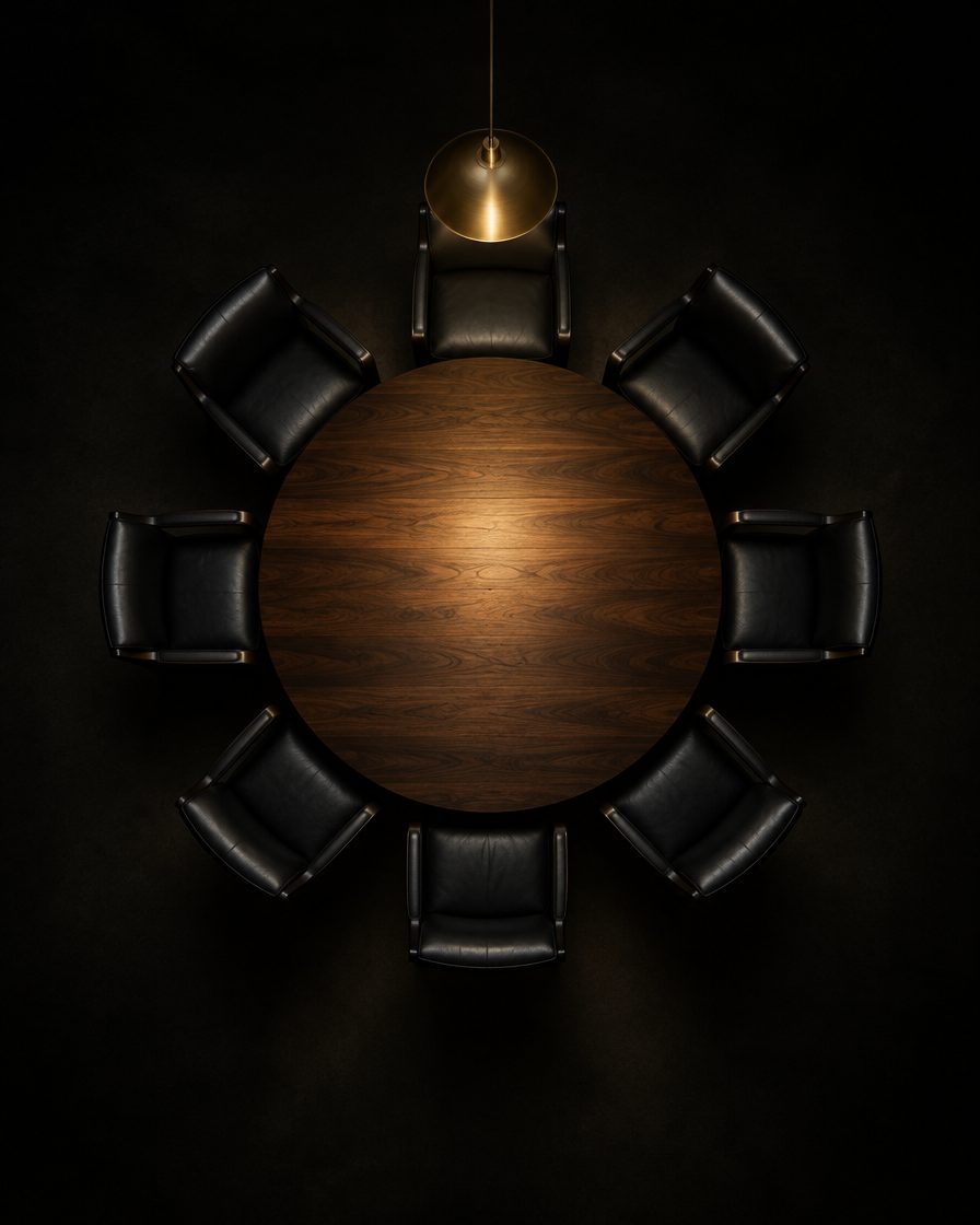 A round table with eight chairs